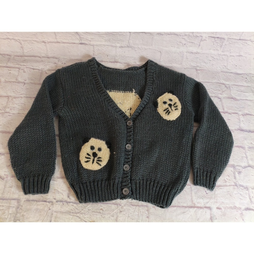 VTG 1980s Genoa Wool Blend 3D Textured Cat Sweater Cardigan Pockets Size Medium